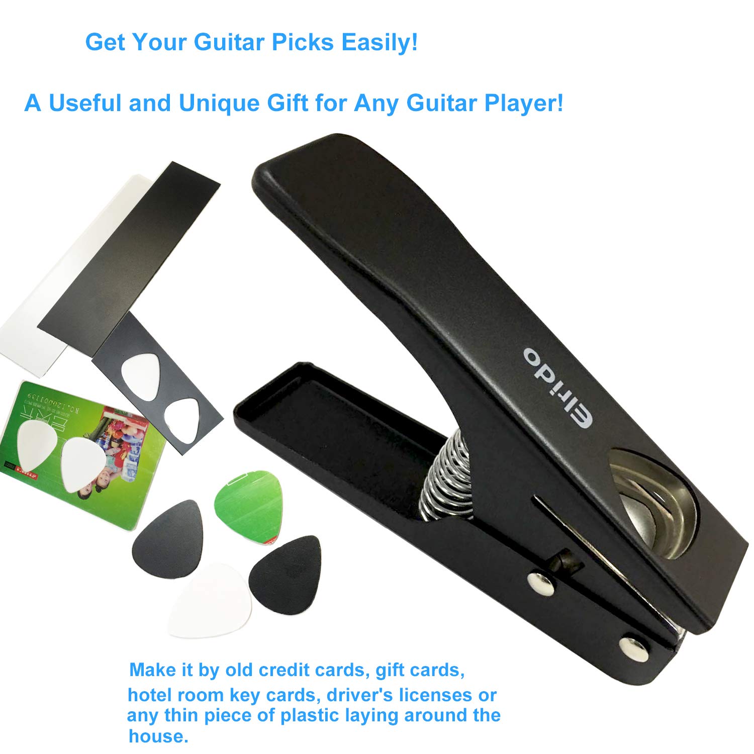 Elrido DIY Guitar Picks Maker Guitar Pick Punch Make Your Endless Guitar Picks, With Leather Key Chain Picks Holder and 2 Pick Strips Sheet - Guitar Picks Puncher Tool Kit Gift for Guitarist (Black)