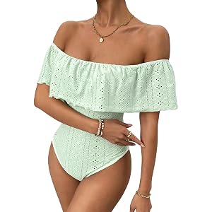 MakeMeChic Women's Off Shoulder Ruffle Trim Bodysuit Strapless Tube Top | Eyelet Embroidered, Summer Sexy Leotard Outfits, Bo
