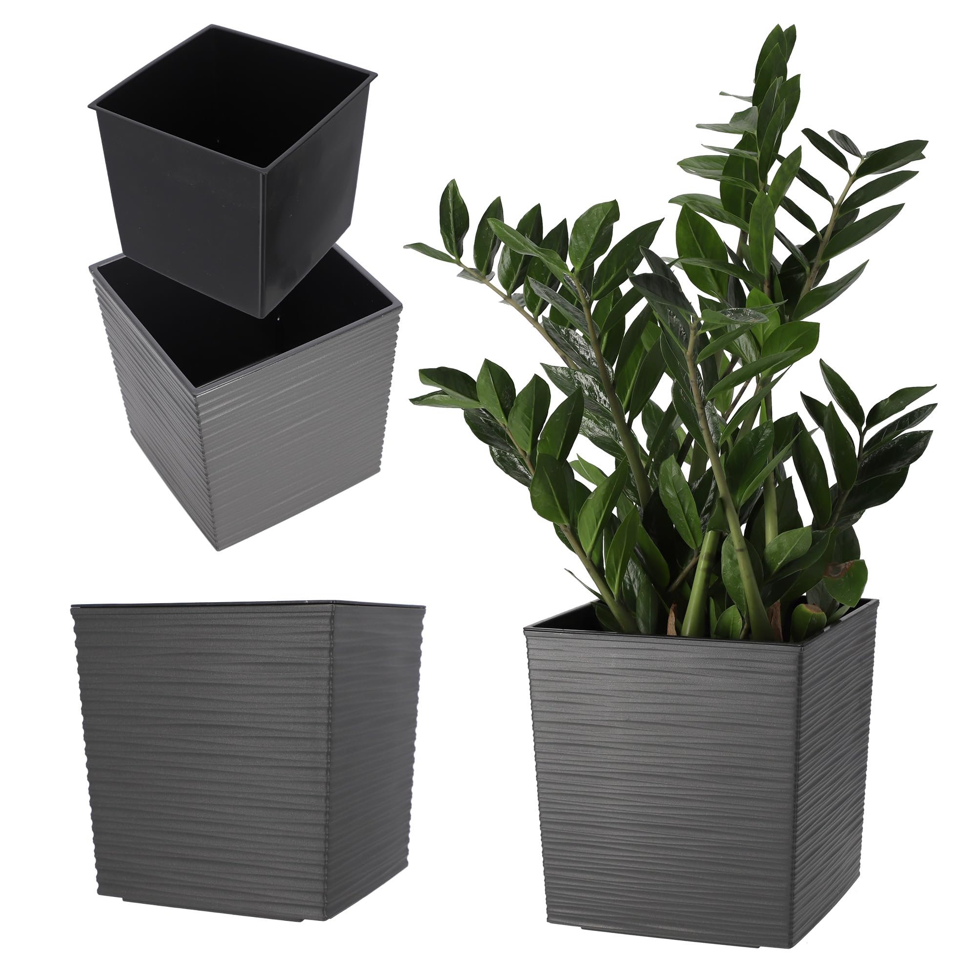 KADAX Square Planter, Large Flower Pot for Indoor and Outdoor Use, Lightweight Plastic Plant Pot with Insert for Houseplants (19.5 cm, Graphite)
