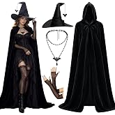 Geyoga 4 Pcs Halloween Witch Costume Set Cape Hat Gloves Choker | Hooded Tulle Cape with Gothic Trim, Pointed Hat, Lace Gloves, Velvet Choker, Perfect for Cosplay Party Halloween Dress up