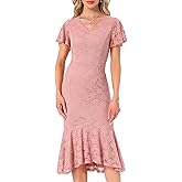 WOMLAYOUT Womens' Lace Floral Dresses Fishtail Formal Cocktail Short Sleeve Midi Dress
