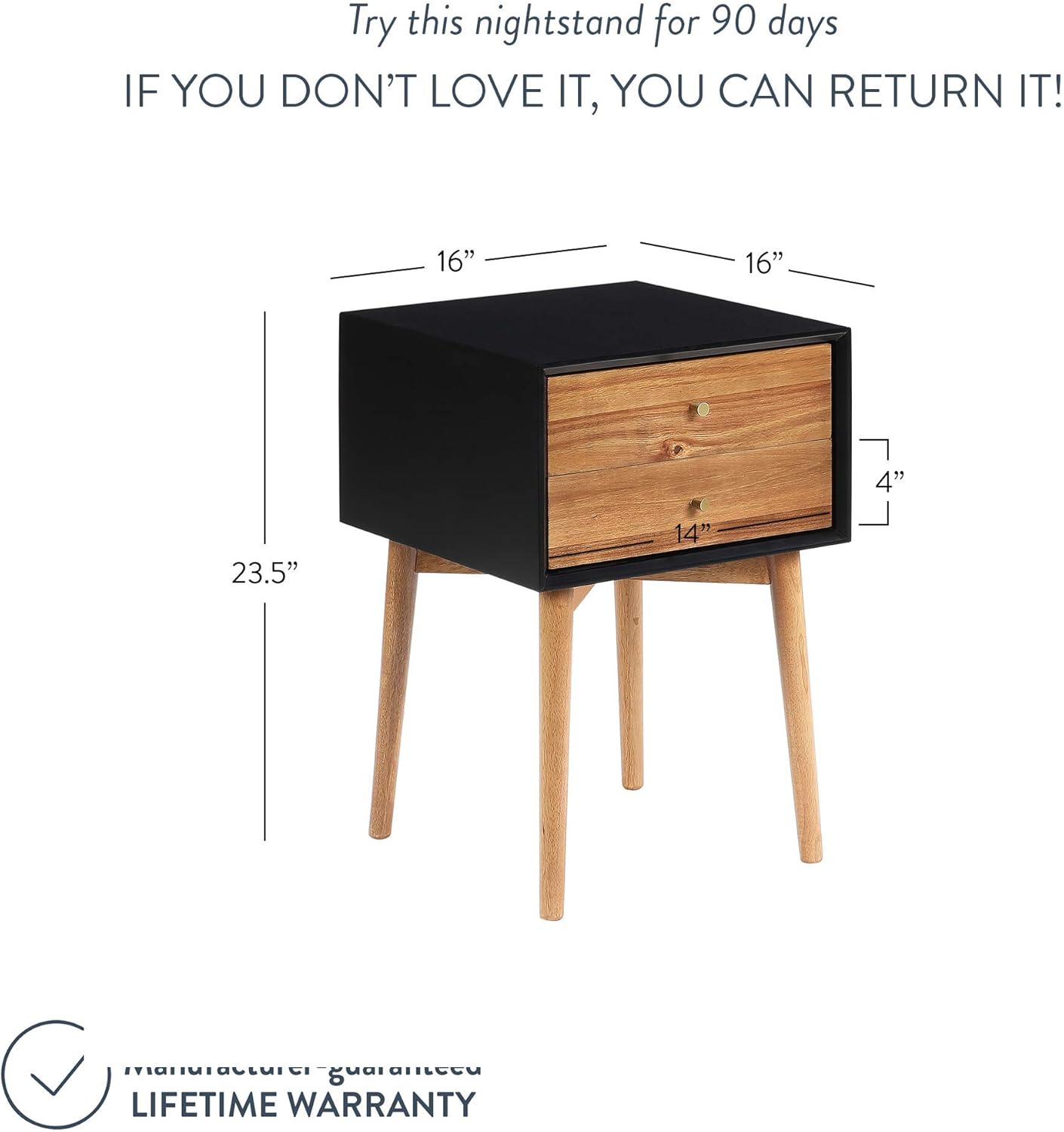 Nathan James Harper Mid-Century Side Table, 2-Drawer Wood Nightstand, Black/Brown: Furniture & Decor