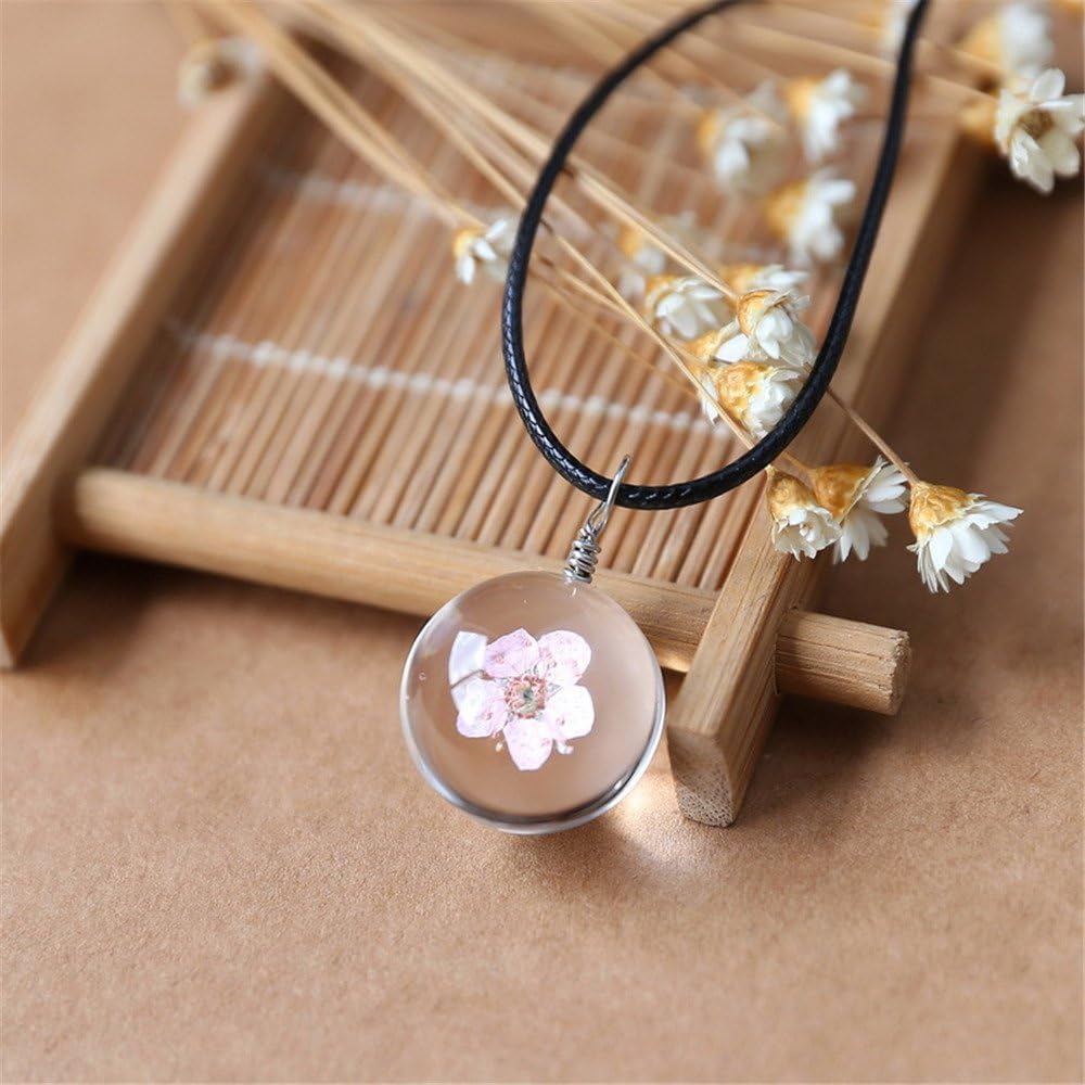 PMTIER Womens Dried Pressed Flower Pendant Peach Blossom in Glass Ball Necklace with Leather Chain - Image 3