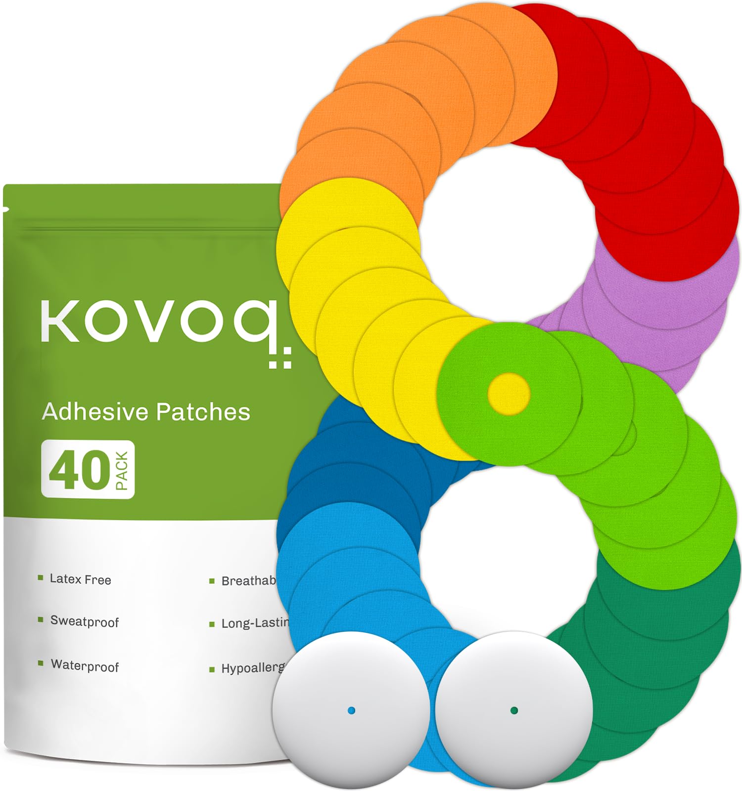 Photo 1 of KOVOQ - Waterproof Adhesive Patches for CGM Sensors and Insulin Pumps, 40-Pack Universal CGM Patches, 2 Reusable Protective Hardshell Covers, Latex-Free and Hypoallergenic (Multicolor)