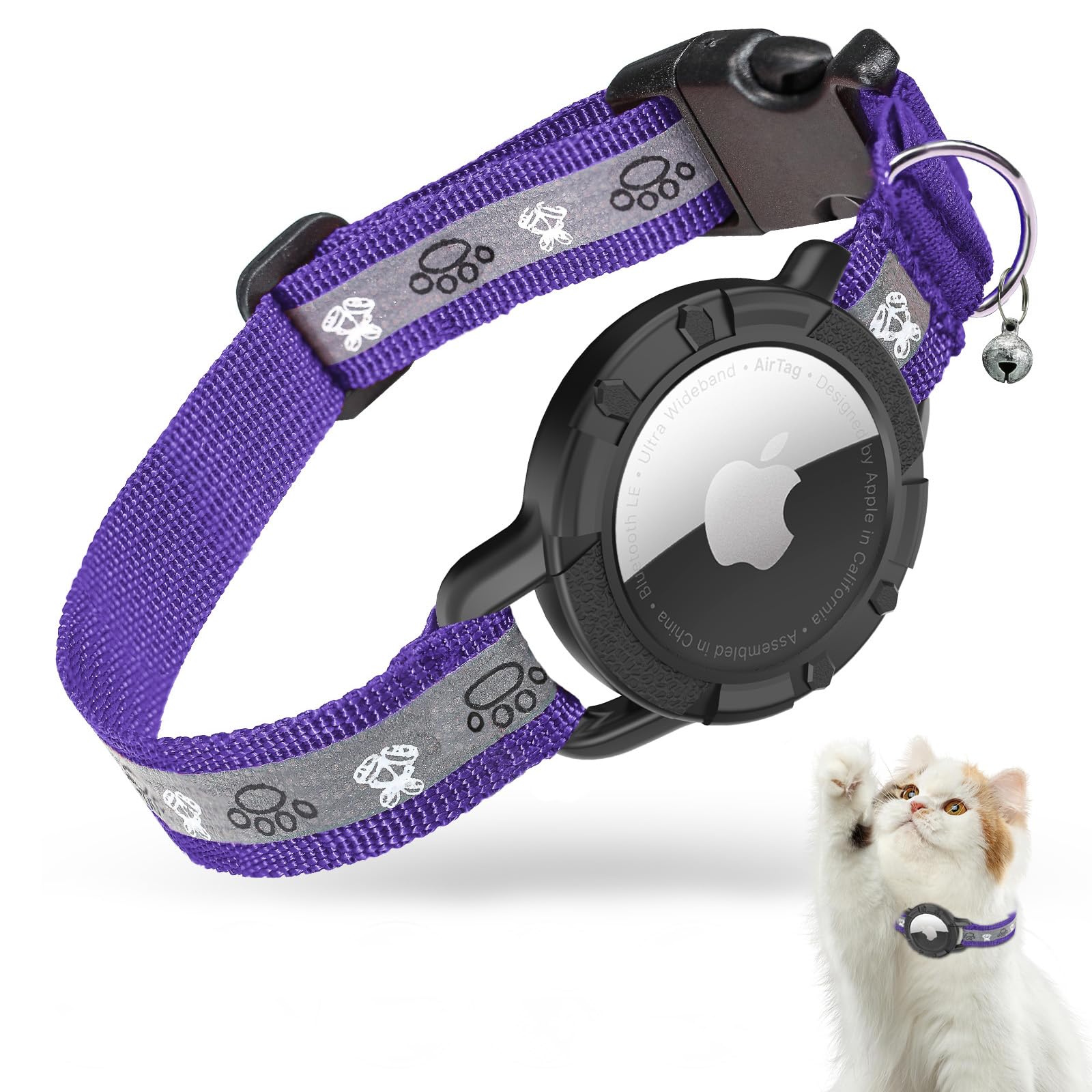 Reflective Airtag Cat Collar, JIARUI Integrated Apple Airtag Cat Collar, GPS Cat Tracker Collar with Airtag Holder and Bell, Lightweight Cat Tracker Collar for Kittens and Puppies (Purple, XS(7"-9"))