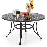 PHI VILLA Round Patio Dining Table 54" x 54" x 29.1" for 6 Aluminum | Retro Brown, Umbrella Hole, Rust and Weather Resistant, For patio, garden, backyard or deck, Assembly hardware included