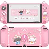 PlayVital Protective Case for Nintendo Switch OLED with Extra Stand - Cherry Blossoms Kitten Dockable Hard Shell Cover + Silicone Grips for Switch OLED with Thumb Grips, Shockproof - Pink