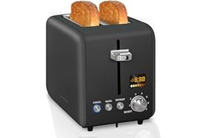 SEEDEEM Toaster 2 Slice, Stainless Steel Bread Toaster LCD Display, 7 Bread Shade Settings, 1.4'' Wide Slots Toaster Bagel/Defrost/Reheat Functions, Removable Crumb Tray, 900W, Dark Chocolate