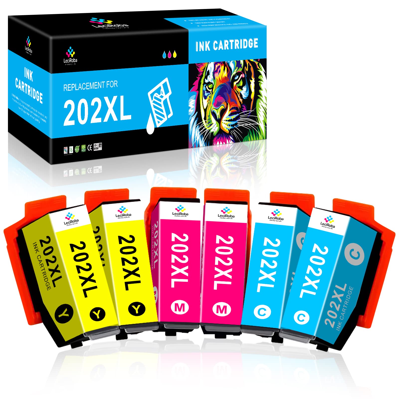 LeciRoba 202XL Ink Cartridges for Epson 202 Ink Cartridges for Epson Expression Premium XP-6100 XP-6105 XP-6005 XP-6000 Printer (6 Color)