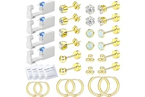 Nunpag 26 Pcs Ear Piercing Kit Ear Disposable Piercing Gun Kit Includes 4 Pcs Self Piercing Gun 18 Pcs Cubic Zirconia Earrings Stud Hoop Earrings 4 Cleaning Pads Easy-to-Use Ear Piercer Kit Tool