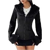 SOLY HUX Women's Suede Jacket Faux Fur Collar Zip Up Long Sleeve Fuzzy Casual Jackets Outerwear