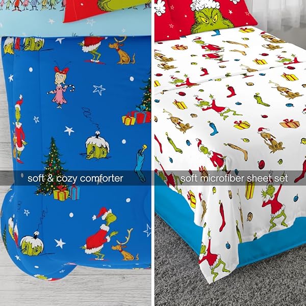 GRINCH BY DR. SEUSS HOLIDAY & CHRISTMAS BEDDING SUPER SOFT COMFORTER AND SHEET SET WITH SHAM, 7 PIECE QUEEN SIZE (OFFICIAL DR. SEUSS PRODUCT) BY FRANCO