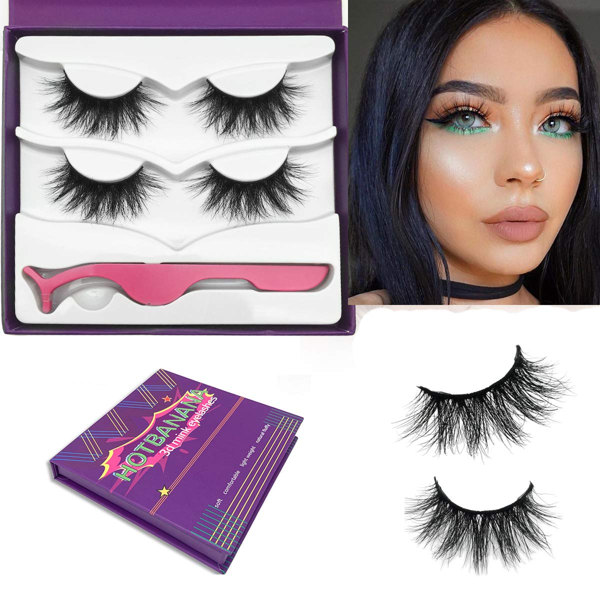 3D Mink lashes, 2 Pairs Eyelashes Mink 19mm Lashes Pack Natural Flufufy False