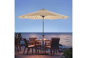 wikiwiki 9ft Solar Led Patio Umbrella, Sturdy Outdoor Market Umbrella for Deck, Pool, Garden w/Tilt, Crank, 32 LED Lights, Beige