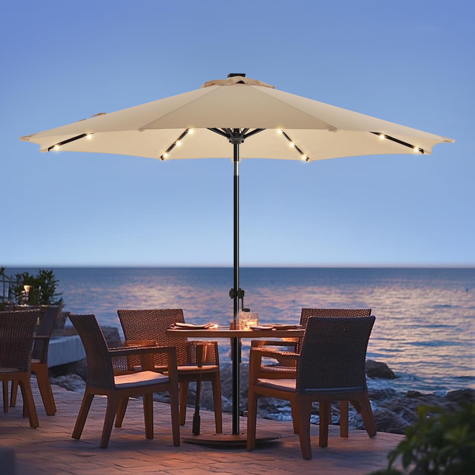 Photo 1 of ***FOR PARTS ONLY/ MISSING PIECES/ DAMAGED*** wikiwiki 9ft Solar Led Patio Umbrella, Sturdy Outdoor Market Umbrella for Deck, Pool, Garden w/Tilt, Crank, 32 LED Lights, Beige