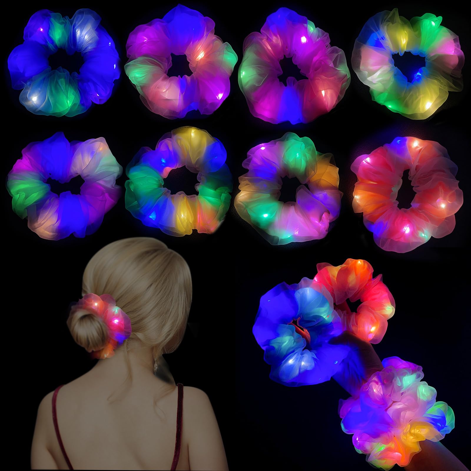 Joycabin 8 Pack Luminous Hair Ties, LED Hair Bands with 3 Light Modes, Elastic Organza Hair Tie Scrunchie for Women, Girls Hair Accessories, New Year Party, Carnival, Costume Parties