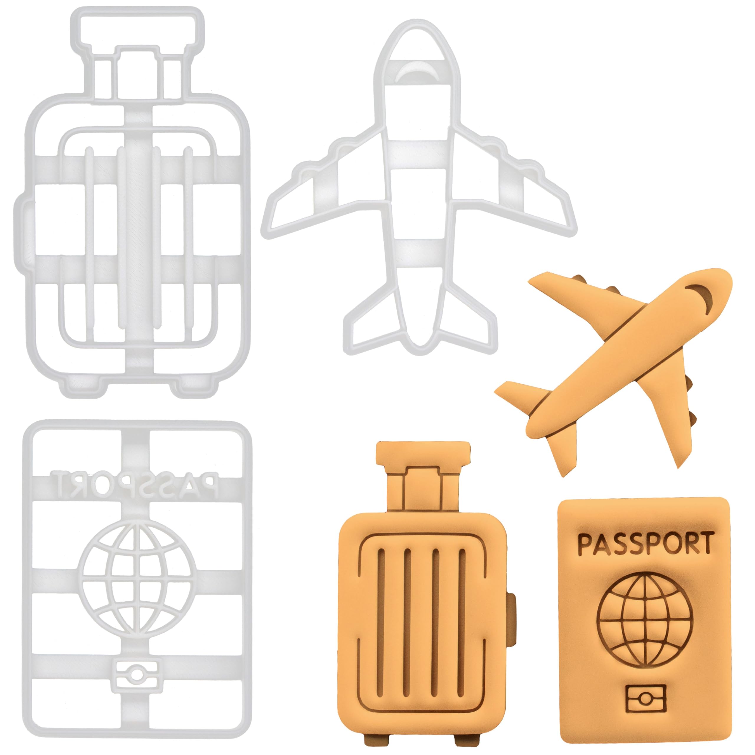 BAKERLOGY Set of 3 Travel Theme Cookie Cutters (Designs: Airplane, Passport, Luggage) - Detailed Biscuit Cutter Design for Baking and Crafts, Ideal on Fondant, Dough, Clay