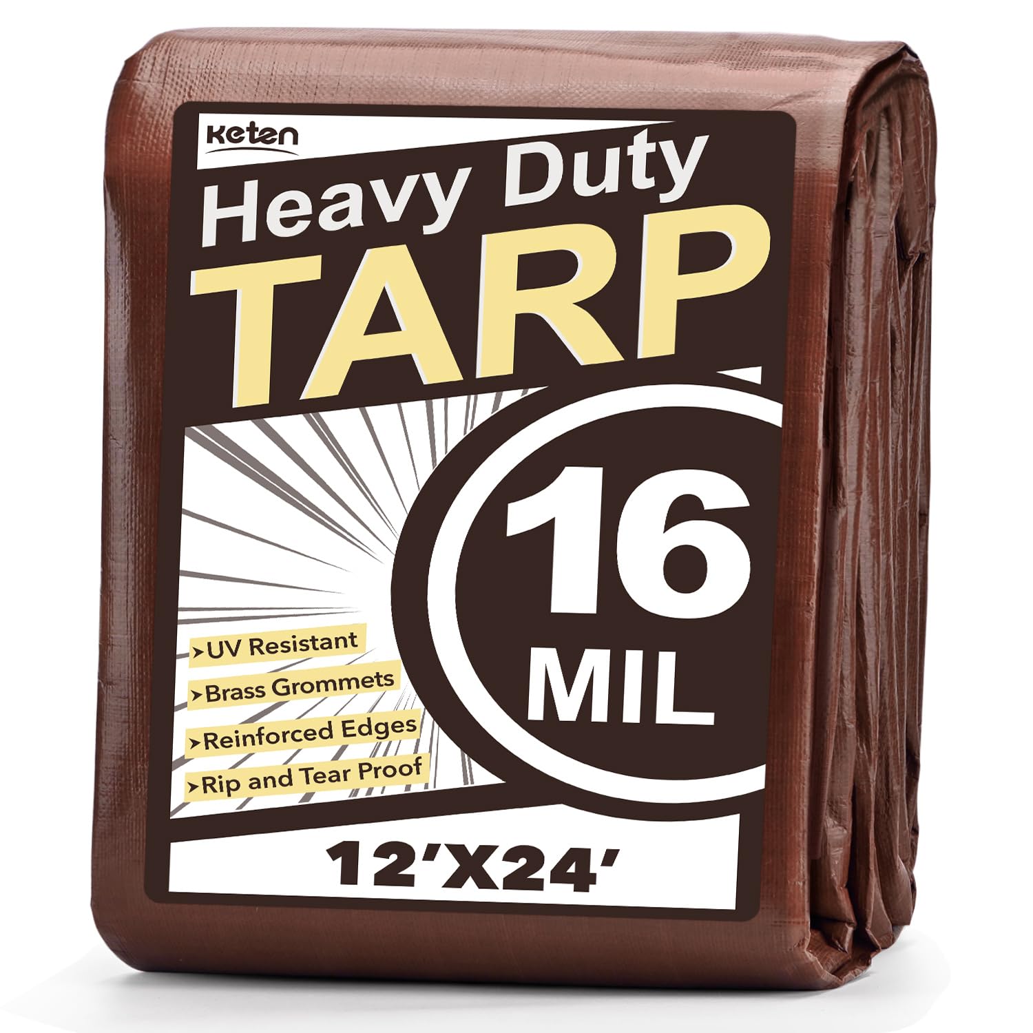 Keten Tarps Heavy Duty Waterproof 12X24 Feet, Extra Thick 16 Mil, Tear & Fade Resistant, UV Blocking, Outdoor Tarp with Reinforced Grommets for Roof, Camping, Patio, Pool, Boat (Brown/Silver) Image