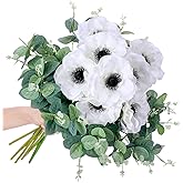 10 Pcs Artificial Anemone Poppy White Flowers and Green Eucalyptus Stems Decor Fake Silk Flowers Greenery Branches Leaves Faux Flowers Floral Arrangements for Wedding Bouquet Garland Vase Centerpiece