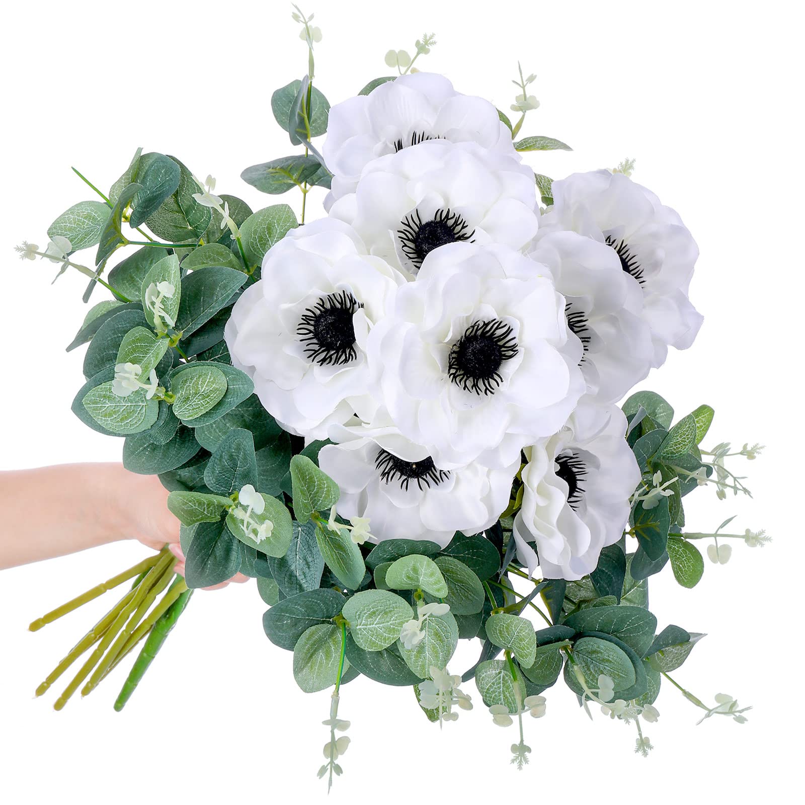 Photo 1 of 10 Pcs Artificial Anemone Poppy White Flowers and Green Eucalyptus Stems Decor Fake Silk Flowers Greenery Branches Leaves Faux Flowers Floral Arrangements for Wedding Bouquet Garland Vase Centerpiece