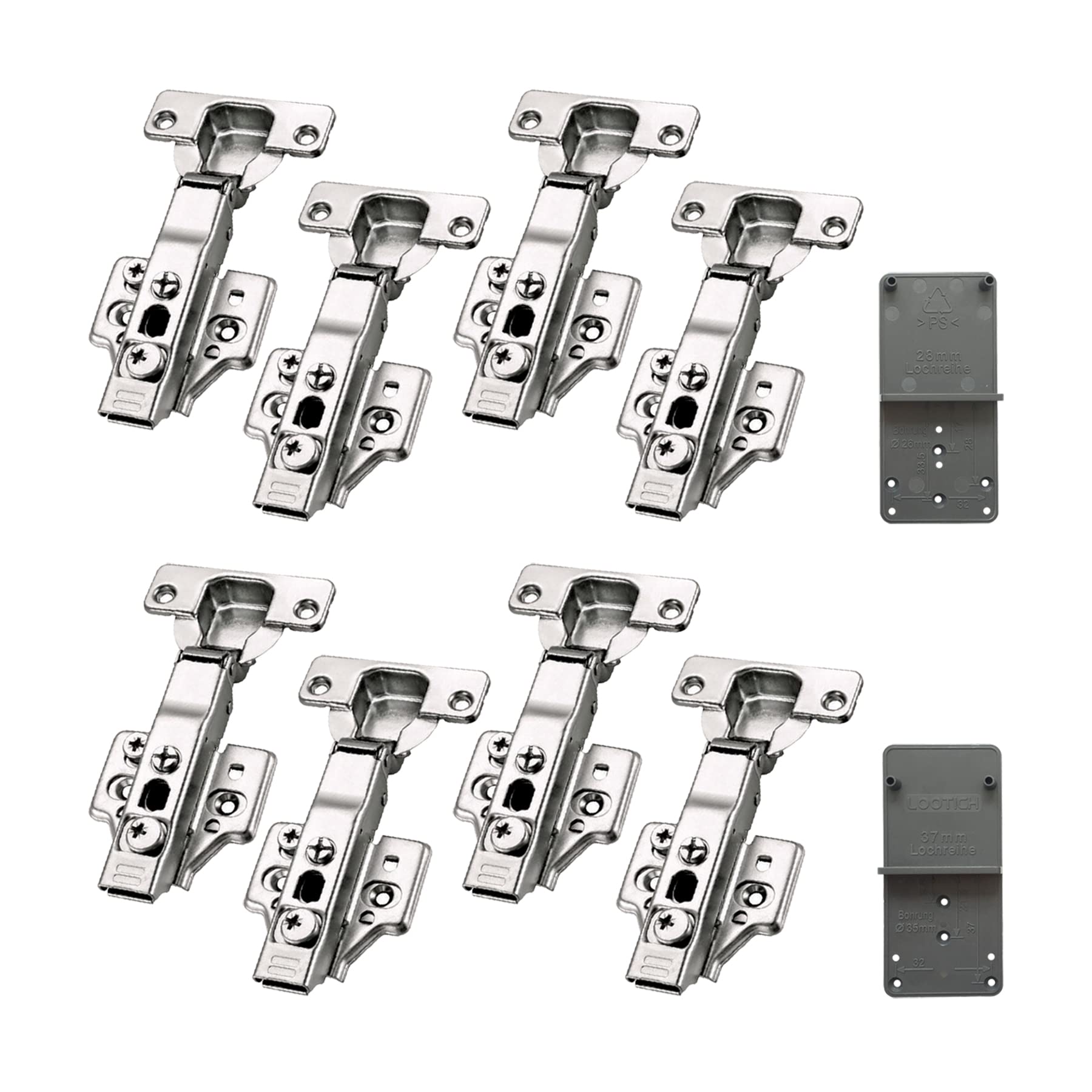 LOOTICH 95 Degree 3-Way Adjustment Clip-on Full Overlay 35mm Soft Close Hinge with Hydraulic Damper for Kitchen Cabinet Cupboard Wardrobe Door Hinges with Drilling Template Pack of 8