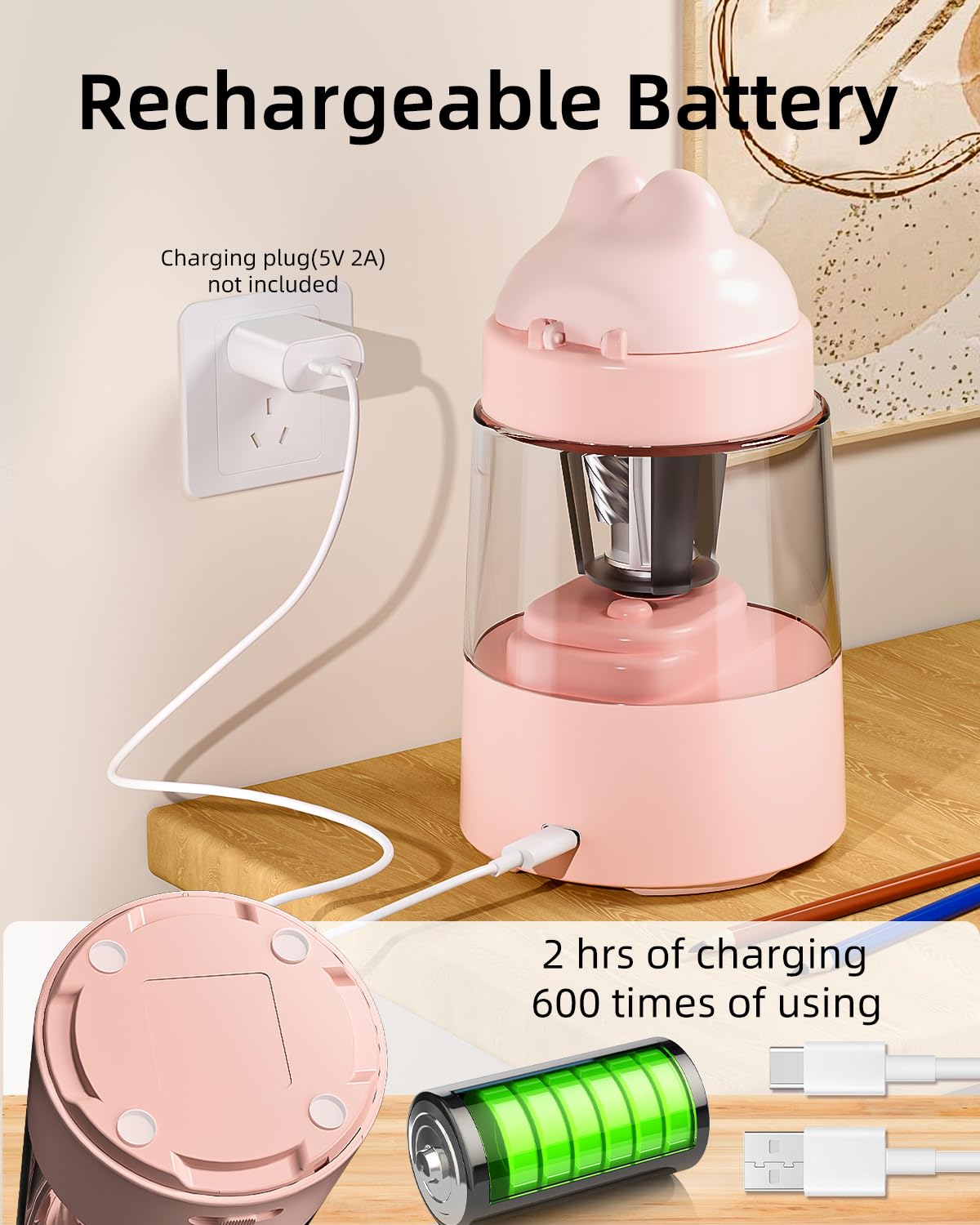ZMOL Electric Pencil Sharpeners, Colored Pencil Sharpener for Kids, Auto Stop, Rechargeable Pencil Sharpener for Battery Powered Cute No.2/Colored Pencils (6-8mm), Classroom/Office/Home (Pink)