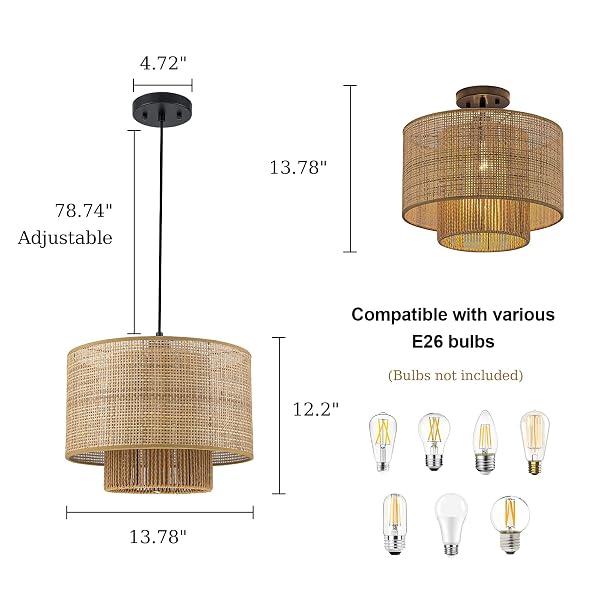 HUOKU 13.8” RATTAN DRUM CHANDELIER, 1-LIGHT BOHO DINING ROOM LIGHT FIXTURES FARMHOUSE PENDANT LIGHT HAND WOVEN LIGHTING FOR KITCHEN ISLAND LIVING ROOM BLACK