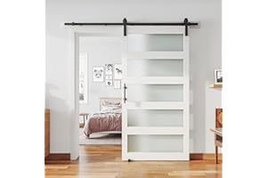ALAMEDADT 42'' x 96'' Glass Barn Door and 7 Ft Hardware Kit Included, MDF White Barn Door Slab with Frosted Glass, PVC Surface, Combined with Handle and Floor Guide-Assembly Required, White
