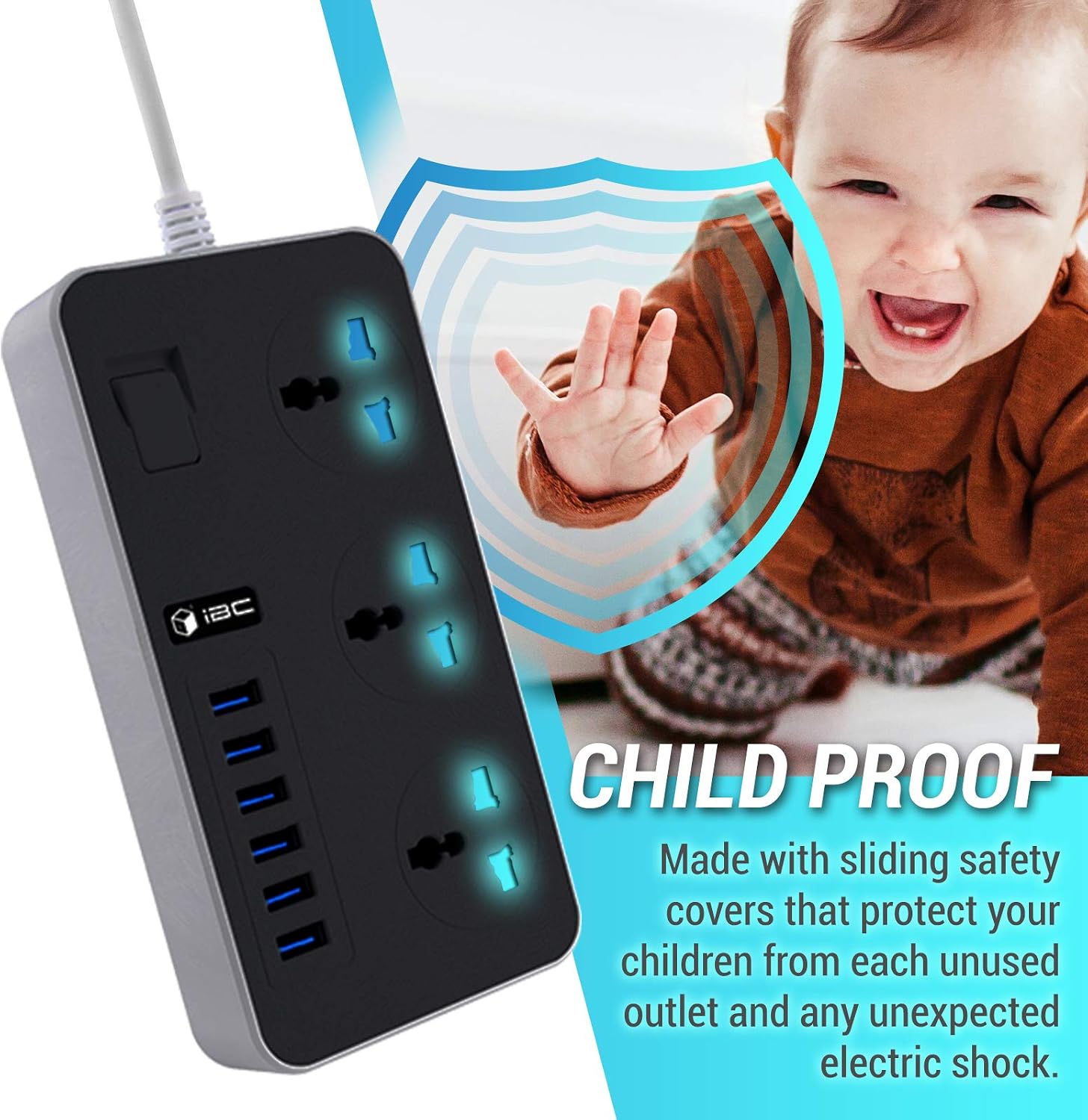 iBlockCube Universal Extension Lead with 6 USB Ports, Black Grey - Image 4