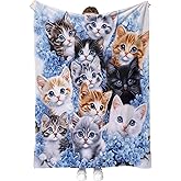 Hohoto Cat Floral Blanket Colorful Cute Cats Flowers Gifts for Women Kids Girls Lady Birthday Christmas Hallowmas Mom Wife Daughter Sisters Retro Decor Easter Mother's Day Throw Blankets 50"x60"