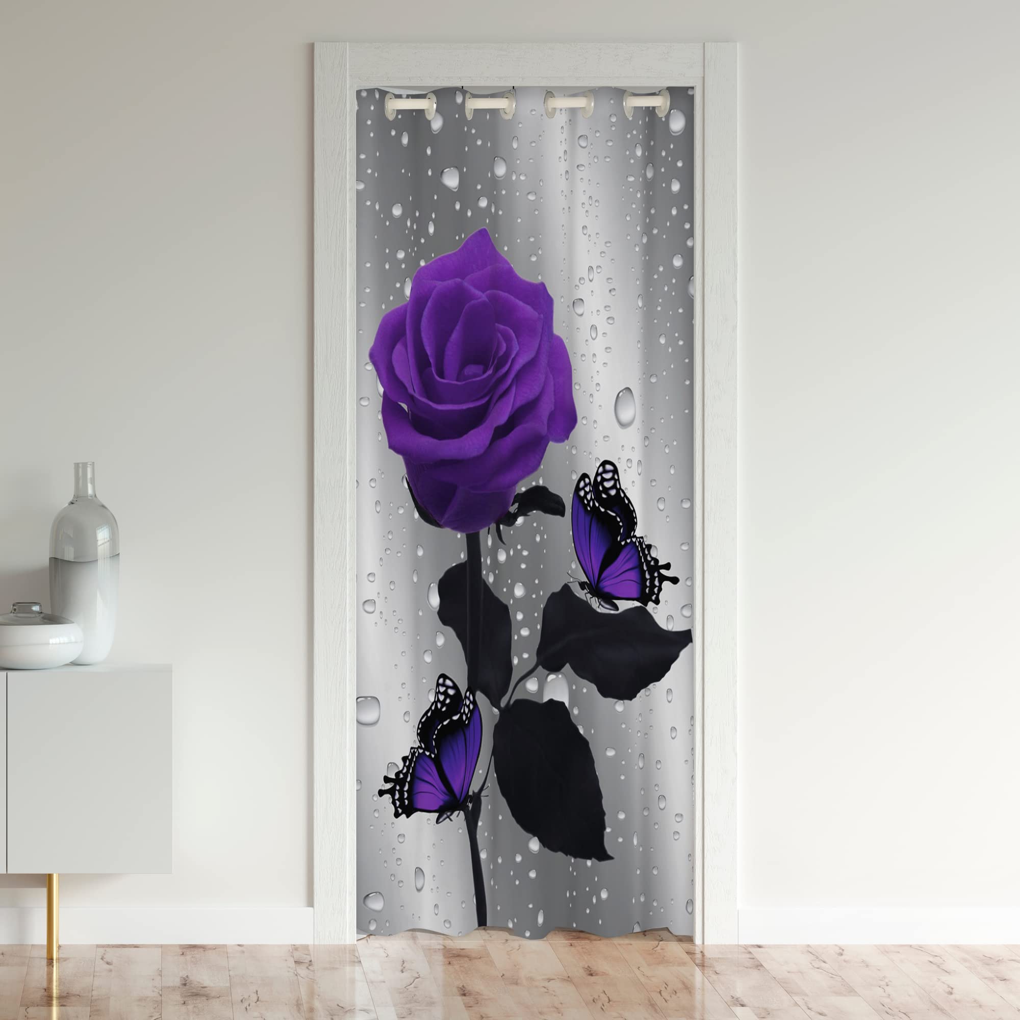 Loussiesd Rose Door Curtain for Doorway Privacy 106x203cm 1 Panel Rose Floral Flower Closet Door Cover Curtain Car Reversible Garden Flower Purple Grey Room Divider Curtain Cover