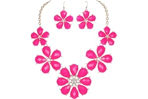 Firstmeet Shiny Flower Statement Collar Necklace with Earrings
