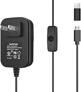 NorthPada Raspberry Pi 3 Model B B+ A+ Plus Power Supply Charger AC Adapter Cord 5V 3A PSU Micro USB 5 Feet with Power On/Off Switch, with a USB C Adapter for Raspberry Pi 4 Model B, Pi 400