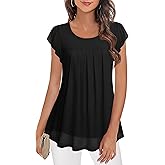 Furnex Women's Short Sleeve Tunic Shirt Pleated Mesh Blouses Summer Floral Tops