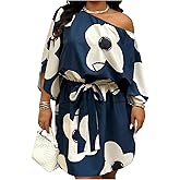 SOLY HUX Women's Plus Size Floral Off The Shoulder Dress Half Sleeve A Line Belted Vacation Short Dresses