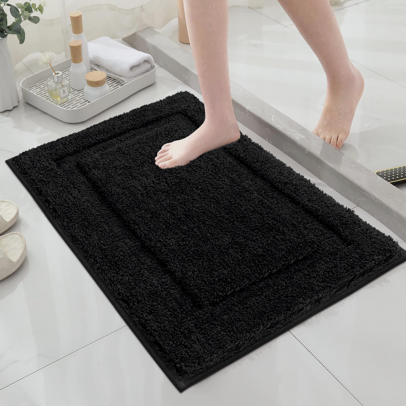 Photo 1 of SHACOS Super Soft Small Bathroom Rugs 16x24 inch Non Slip Washable Bath Rugs Microfiber Bath Mats for Bathroom Floor Tub Shower Vanity Sink Decor Accessories, Black 1'4" x 2'