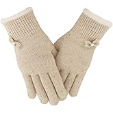 CAMSTIC Women's Winter Knit Gloves, Warm Elastic Fit with Bowtie and White Trim, Soft Fluffy Thermal Wear