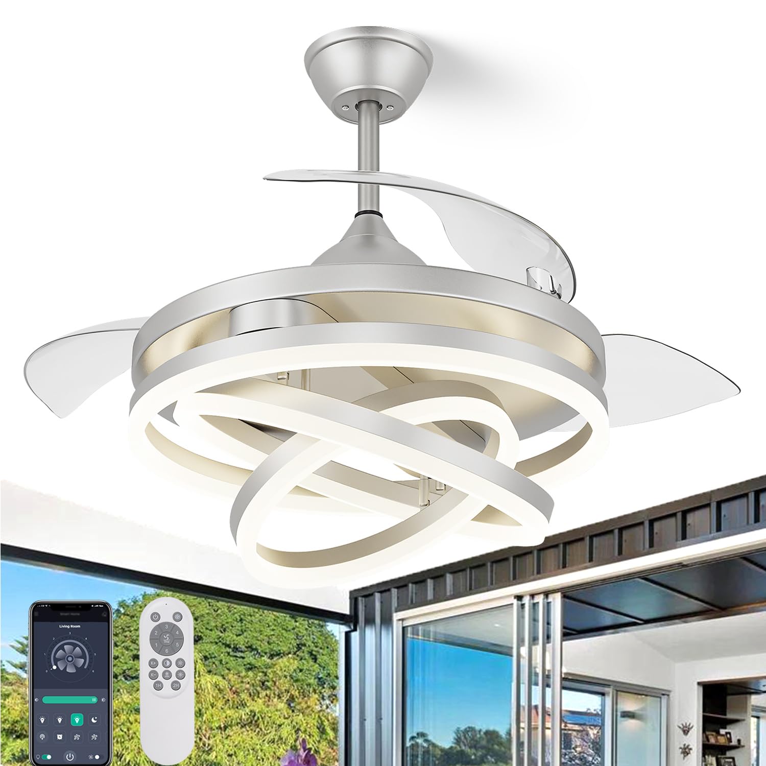Photo 1 of FIDGRA 42 Inch Retractable Ceiling Fan, Chandelier Ceiling Fans with Lights, Silent DC Motor, 6 Speeds, 3 Color Changing, Bedroom Ceiling Fan with Lights (Silver)