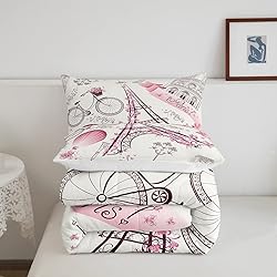 Eiffel Tower Couple Comforter Set Queen Size Pink