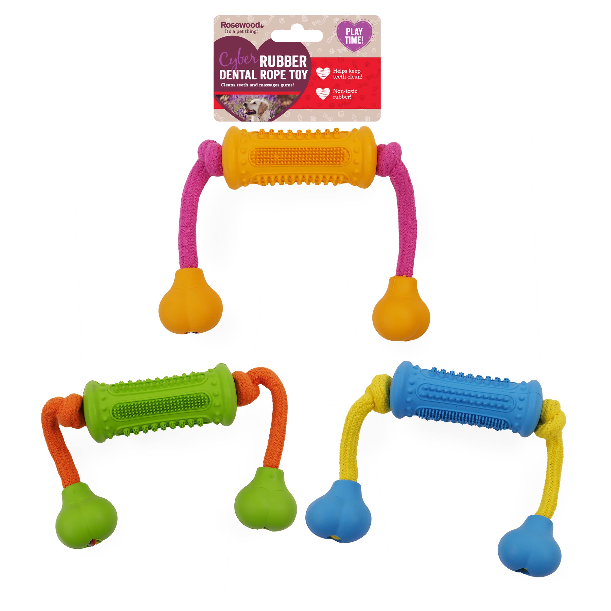 Rosewood Dog Cyber Rubber Dental Roller with Rope, Chew-Resistant, Assorted Colors, 0.25lbs