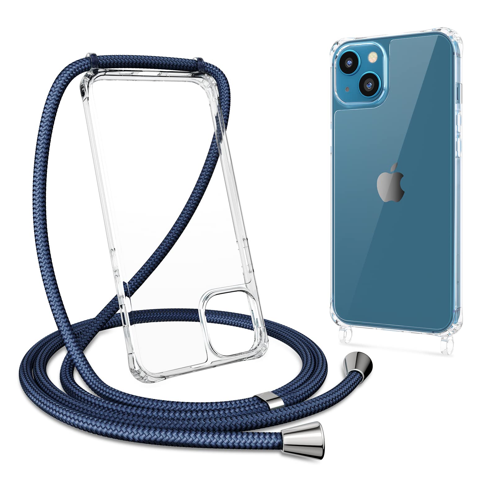 ZTOFERA Clear Lanyard Phone Case for iPhone 13/14 (6.1") with Crossbody Strap, Anti-Yellowing Hard Back Soft Bumper Protective Carry Case with Adjustable Neck Cord Shockproof Cover, Navy Blue