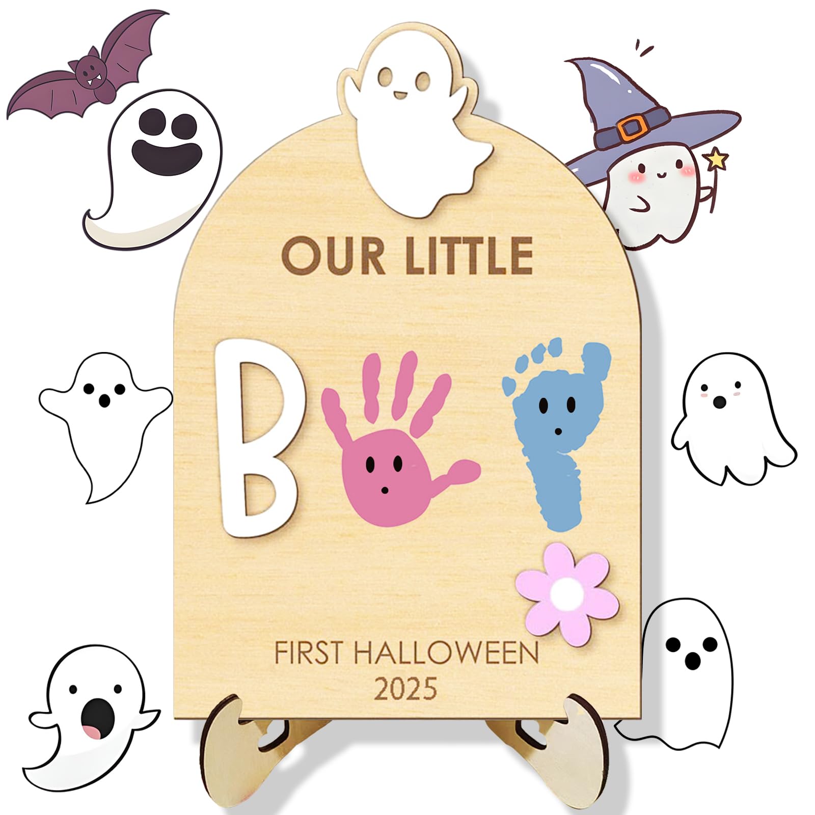 Photo 1 of Halloween Baby Footprint Kit Wood Newborn Handprint Sign with Base Baby's First DIY Halloween Keepsake Our Little Boo Board for Baby Boy Gifts (B)