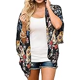 FINOCEANS Womens Floral Chiffon Kimono Cardigans Loose Beach Cover Up Half Sleeve Tops