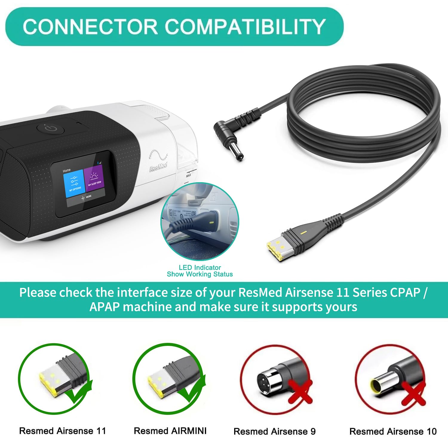 HKY 24V DC Cable for All Resmed AirSense/AirCurve 11 CPAP Machine & ResMed AirMini Auto CPAP Machines 6Ft DC Power Cord with 5.5x2.5mm/2.1mm Power Jack Fit 24V Battery Backup/Power Station/Power Bank