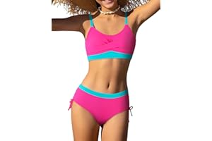 Gaupafmb Girls' Swimwear 2PCS Suits Color Block Top with Bikini Teen Bathing Suits for Girls