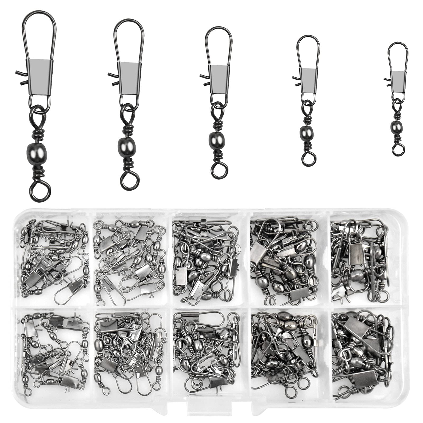 100 PCS Fishing Rolling Swivel, Fishing Barrel Swivels with Safety Snap Interlock Snap Ball Bearing Swivels Fishing Connectors High Strength Tackle for Saltwater Freshwater Size 7# 8# 10# 12# 14#