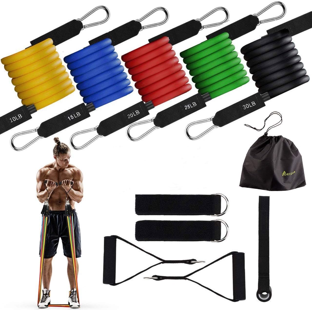 Portzon Resistance Band Set, Workout Bands, Exercise Bands Door Anchor Handle Resistance Training, Convenient, Durable, Exercise Stack-able Up to 100 lbs