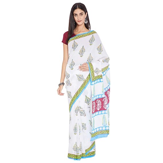 Finest Quality Cotton - Handblock printed Green and White - Mughal motifs Saree with Blouse Piece BHKPSA0021