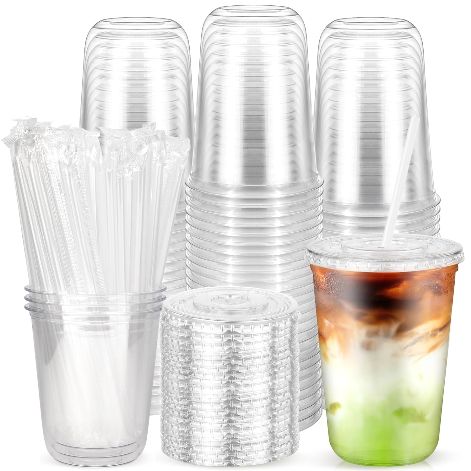 Photo 1 of 100PCS 14 oz Plastic Cups with Flat Lids and Clear Straws, Disposable Iced Coffee Cups with Lid, Round Bottom To Go Drink Cups for Soda, Smoothies, Boba, Cold Beverage, Juice Bars, Takeout, Party