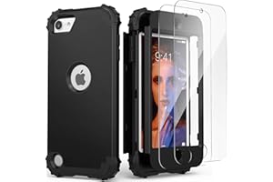 IDweel for iPod Touch 7th Generation Case with 2 Screen Protectors, Hybrid 3 in 1 Shockproof Slim Heavy Duty Hard PC Cover Soft Silicone Bumper Full Body Case for iPod Touch 5/6/7th Gen, Black